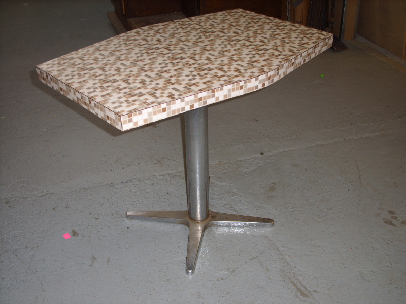 CAFE TABLE LOZENGE MOSAIC TOP & CHROME PED + SPLAYED LEGS, 83L X55W X 67CMH,