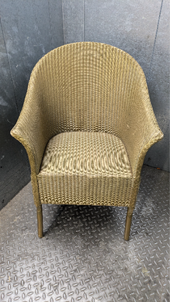 LLOYD LOOM GOLD BISTRO ARM CHAIR,CURVED BACK + GILT SKIRT & DOWEL LEGS+ EDGE TRIM