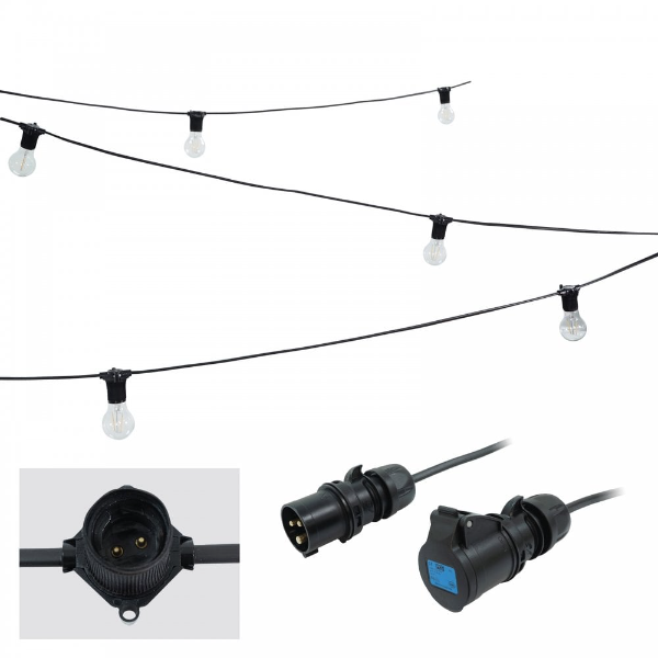 PCE 25m ES E27 Festoon, 1m Spacing with 16A Plug and Socket