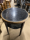 PUB TABLE ROUND BLACK TOP, OAK + BLACK FRAME +SHELF + LEGS, WORN , 58DI X 75CM HIGH